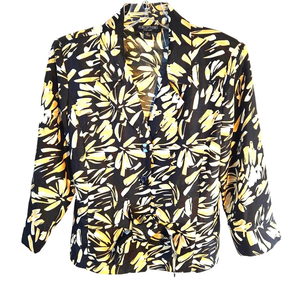 Perceptions Women's Shirt Black Print 10 Top Blouse Misses Size Medium M Button